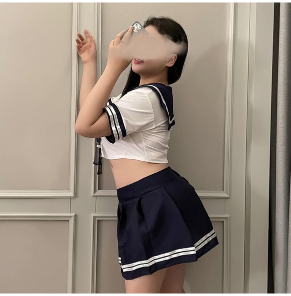 FEE ET MOI - Innocent Waist-revealing Schoolgirl Uniform (Plus Size - Blue)